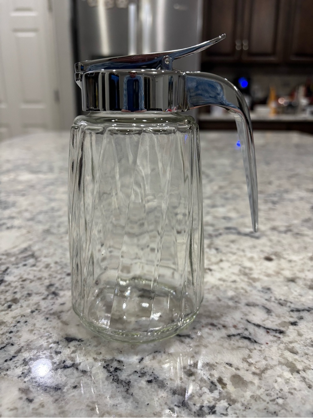 Vintage Ribbed Glass Syrup Pitcher with Chrome Flip Top Dispenser Lid